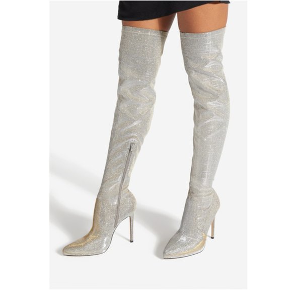 🆕 Sparkly Silver Over The Knee Heeled Boots Wide Calf 5.5 - Picture 2 of 8